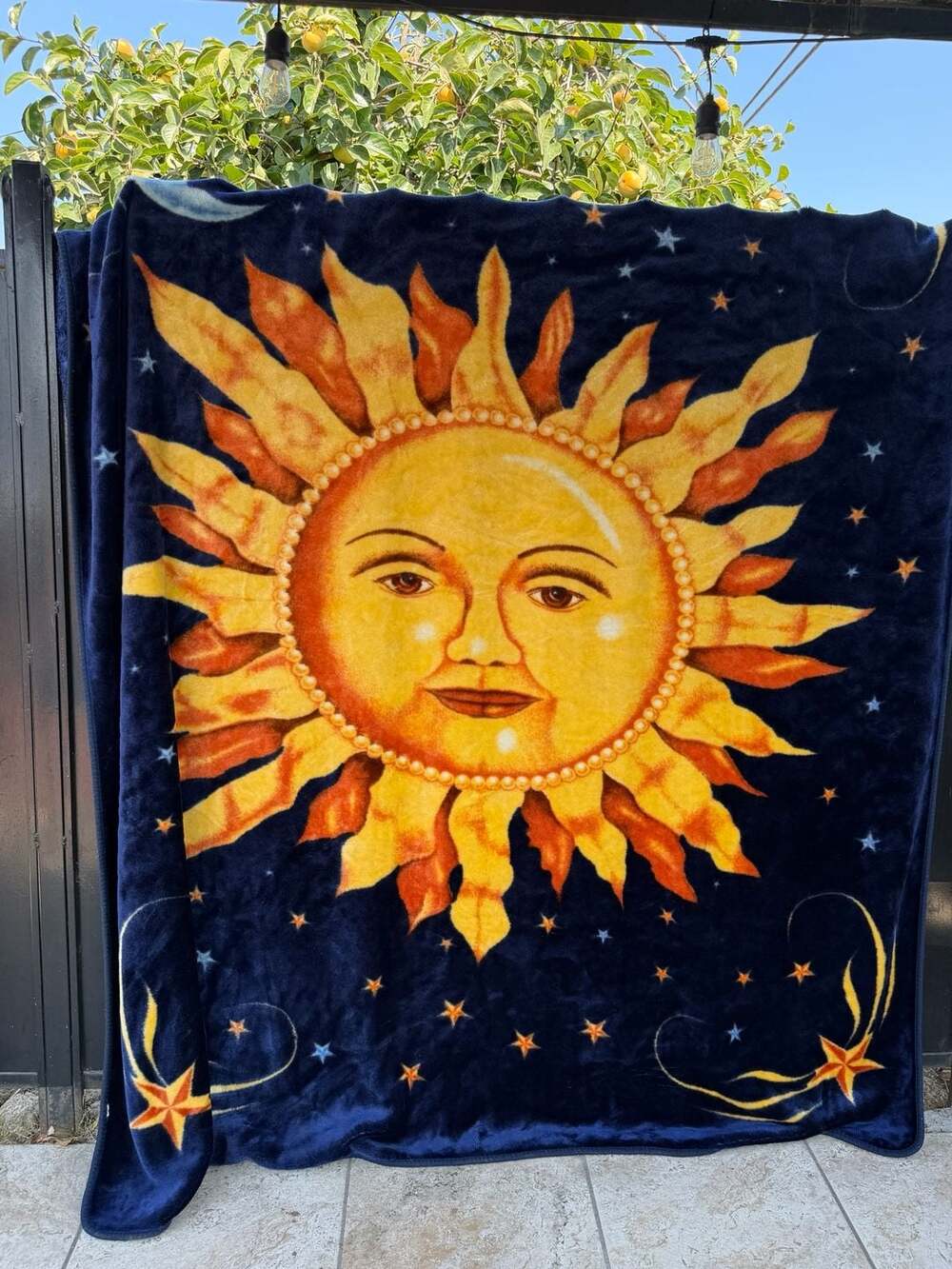 Vintage Celestial Sun And Stars Navy Blue Plush Heavy Blanket